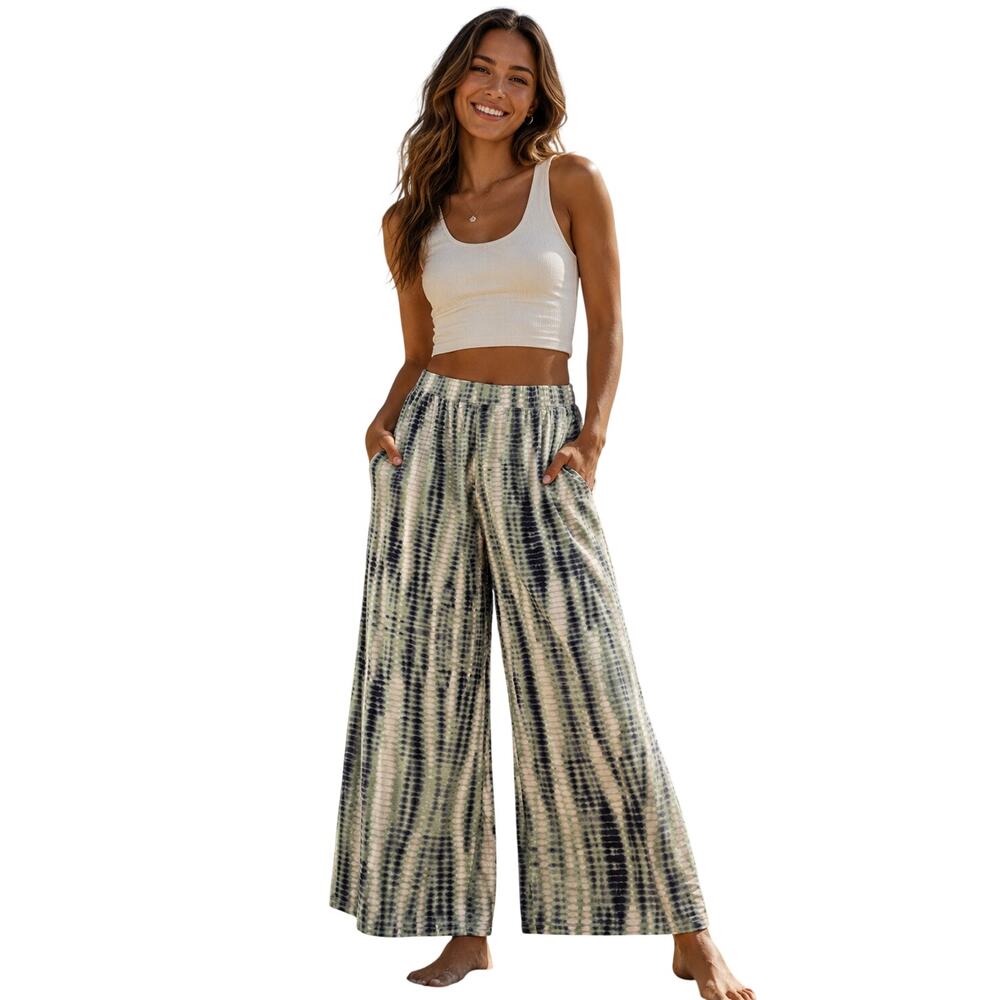 D&C Beach sz L green rasta boho wide leg pants w/ pockets NWOT comfy stretch